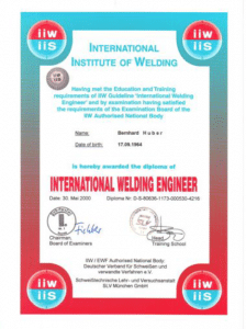 Zertifikat Welding Institut international Welding engineer
