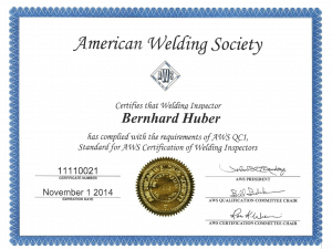 Zertifikat Welding Institut AWS QC1